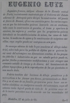Texto de la publicidad de Eugenio Lutz, fechado el 27 de julio de 1869